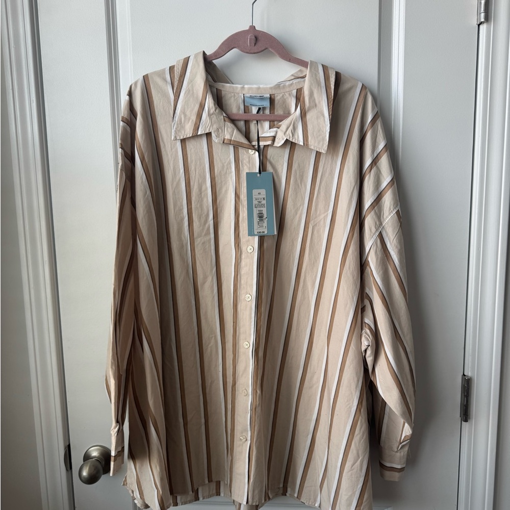 Future Collective Striped Beige and Brown Button-Up Shirt 4x NWT